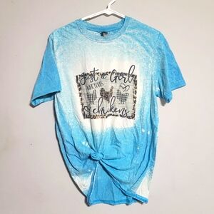 Womens Top Size Medium Blue Tie Dye Chicken T Shirt Plaid Cute Gildan‎ Graphic
